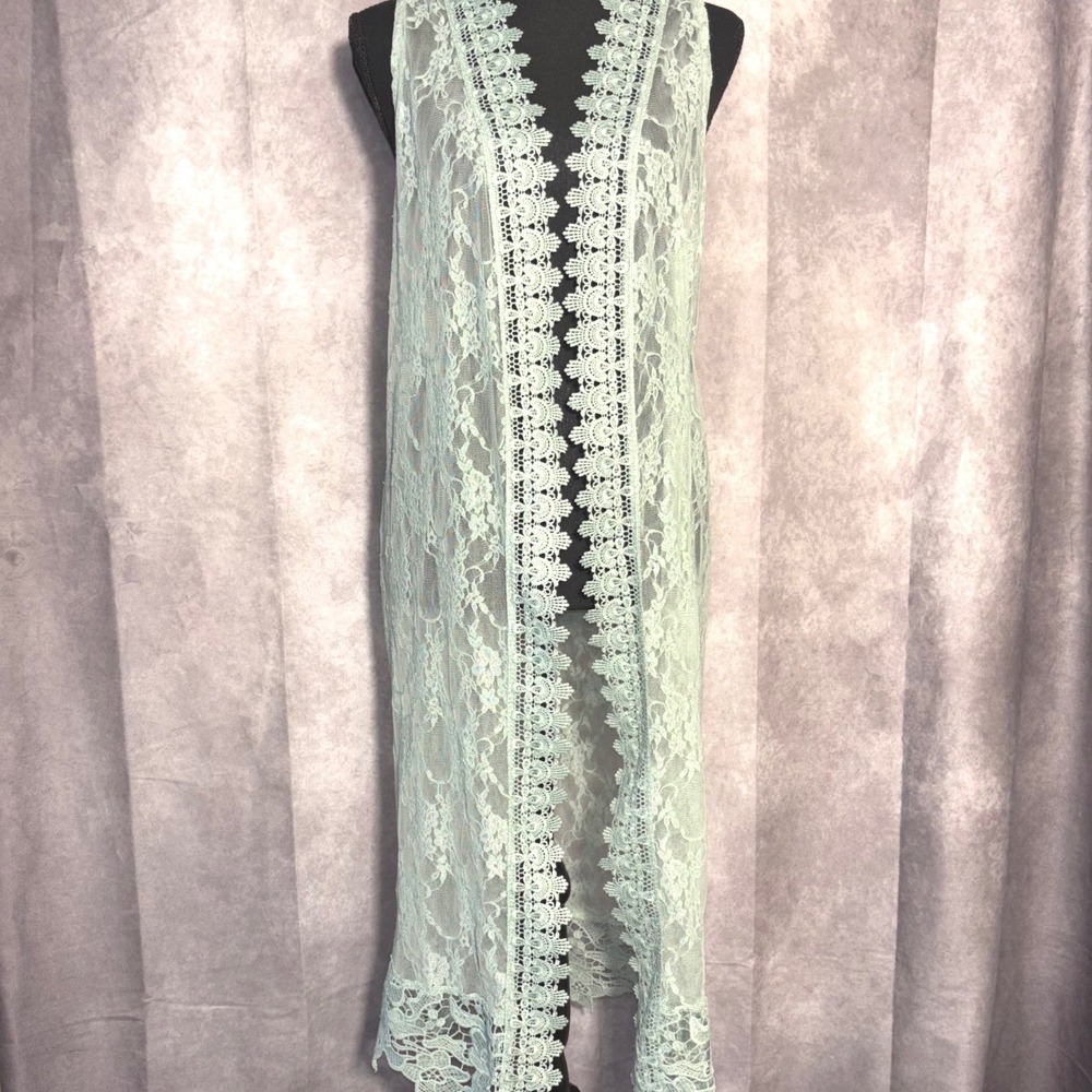 Full Circle Trends Lace Longline Vest Women Medium Mint Green Boho